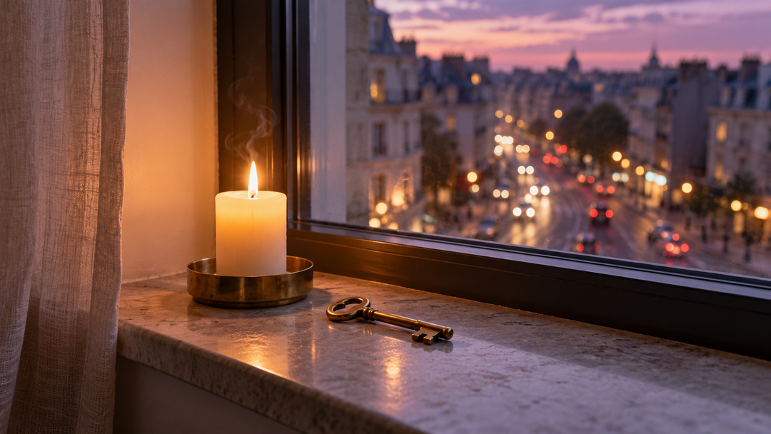Brass key and lit candle on a windowsill above a city street at dusk