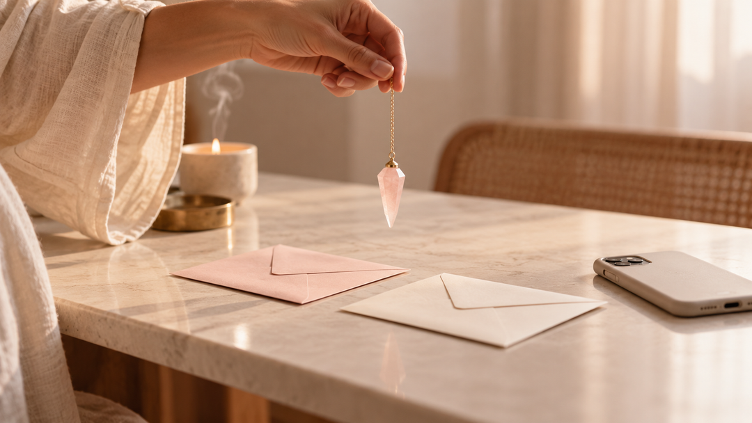 Hand holding a rose quartz pendulum over two envelopes on a desk