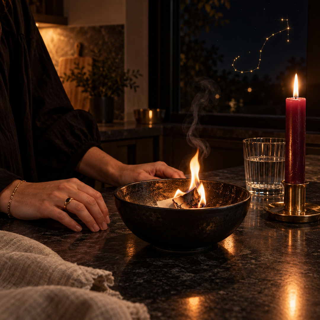 Midnight Scorpio season ritual with candles in deep red and black tones
