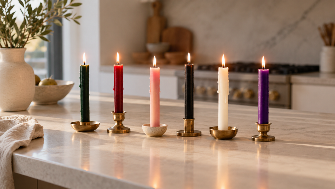 Green, red, pink, black, white and purple spell candles on a kitchen counter