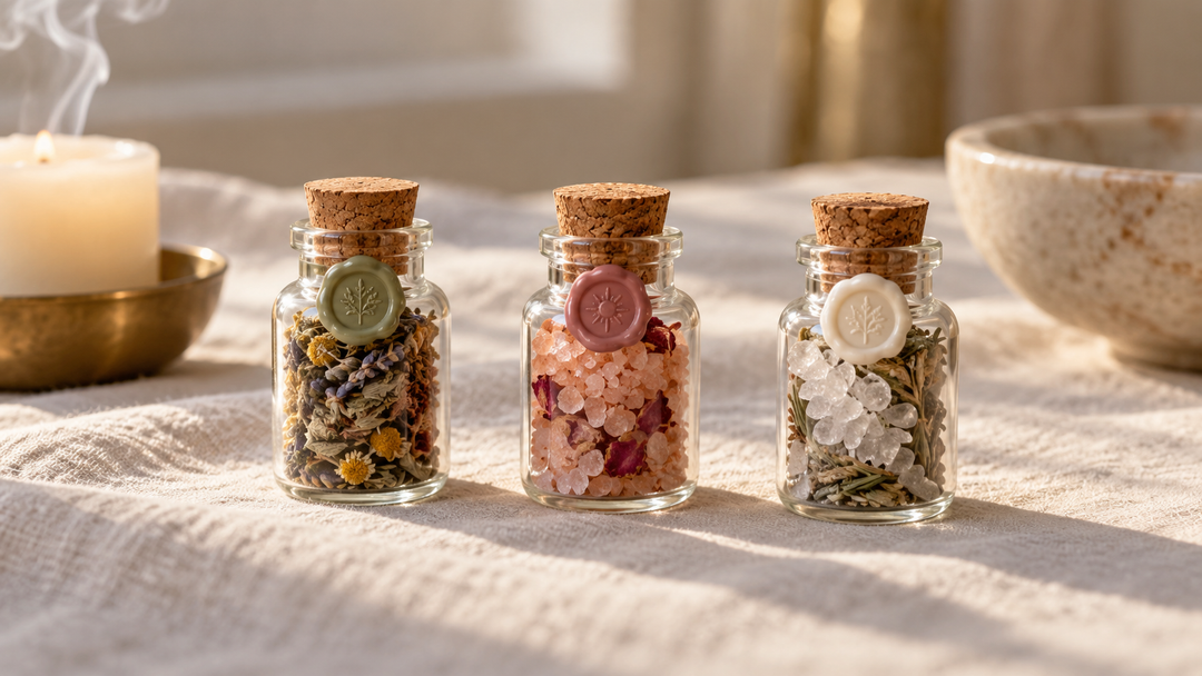 Three wax-sealed spell jars with herbs, pink salt and crystals on linen