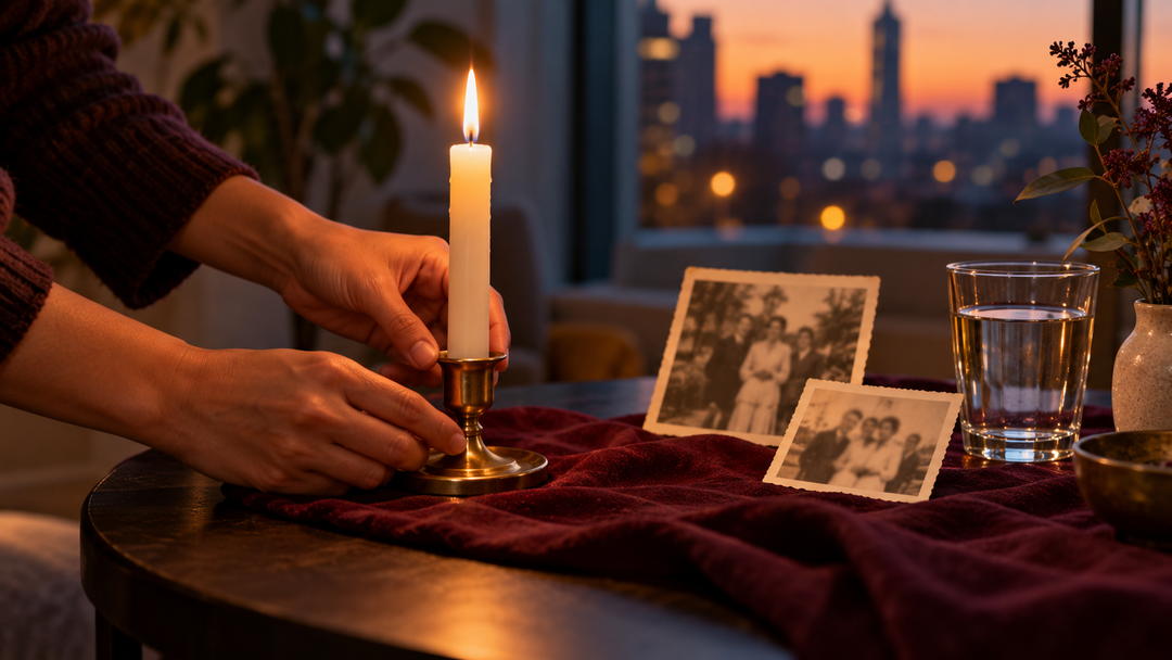 Ancestor altar with candles, old photographs and offerings for honoring your ancestors