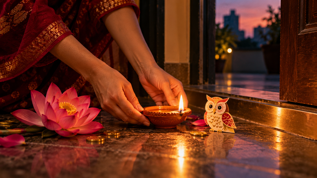 Lit oil lamp, lotus and gold coins honoring Lakshmi, goddess of wealth, for Diwali