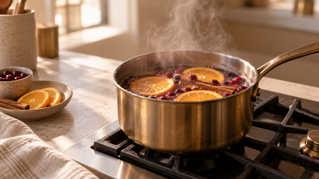Simmer pot with orange slices, cranberries and cinnamon steaming on a stove