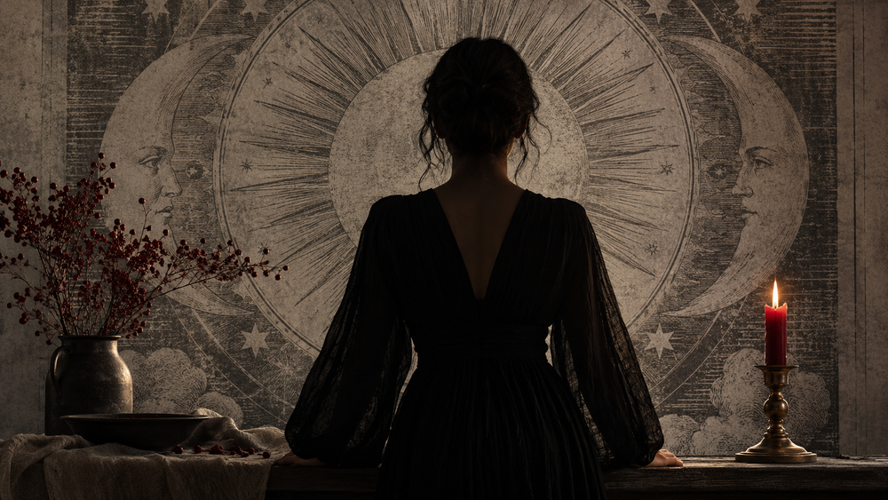 Silhouette of a woman facing an antique sun and moon engraving, with a red candle