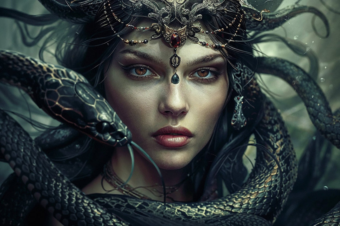 Dark goddess portrait of Lilith wrapped in black serpents, wearing an ornate jeweled crown