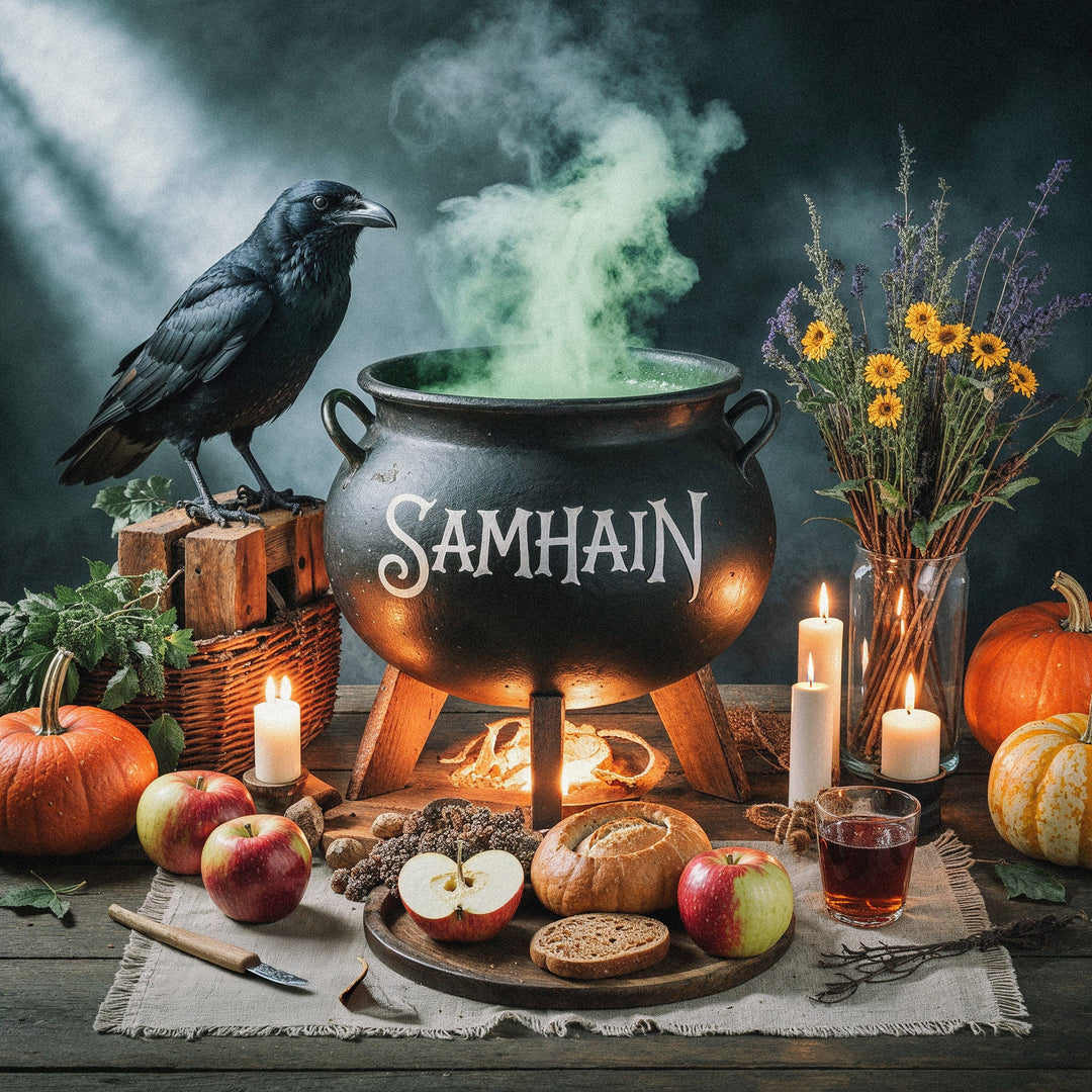 Samhain altar with a steaming cauldron, a raven, candles, apples, bread and pumpkins