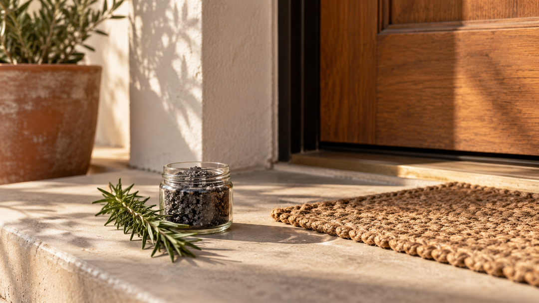 Jar of black salt and a sprig of rosemary on a sunlit front doorstep