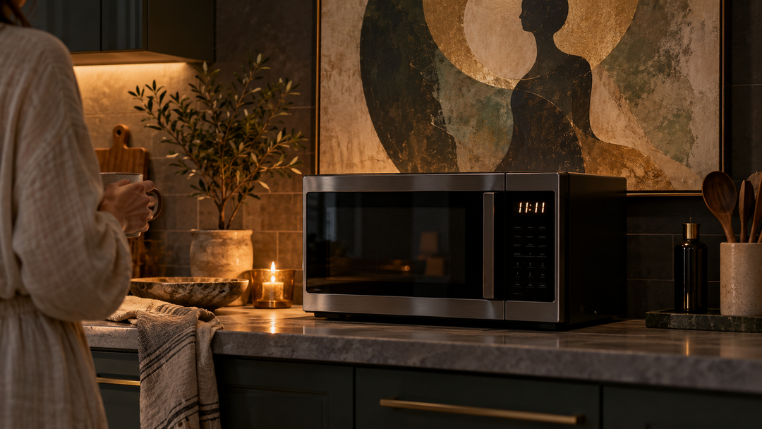 Microwave clock reading 11:11 in a dim kitchen beneath a goddess painting