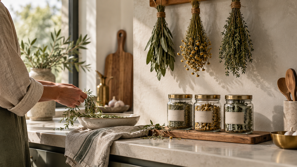 Dried herb bundles hanging above a kitchen counter with labeled glass jars of herbs