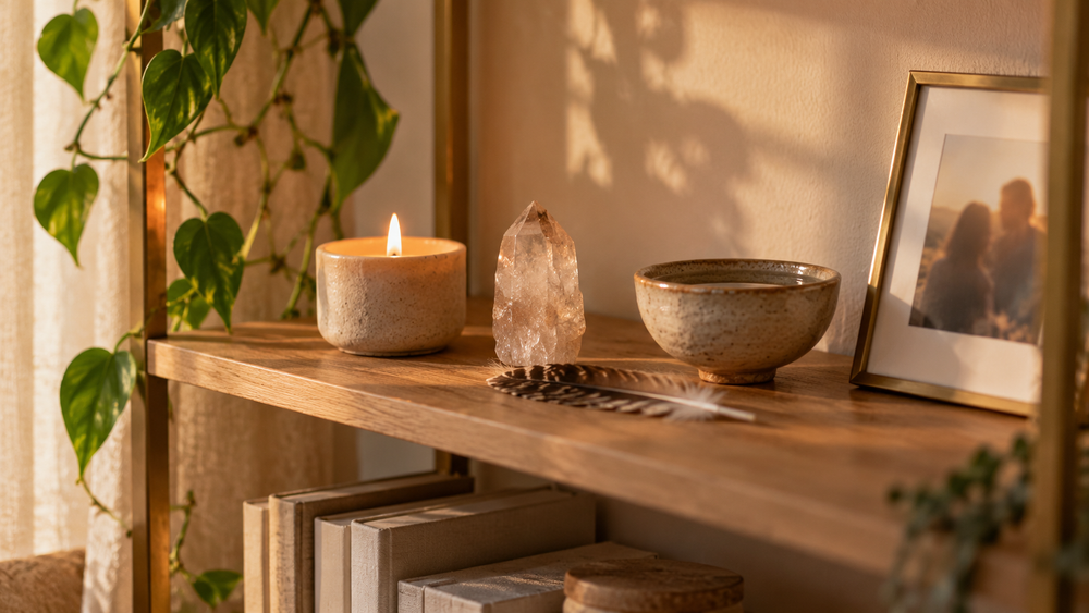 Small altar on a bookshelf with a candle, quartz crystal, feather, bowl of water and framed photo