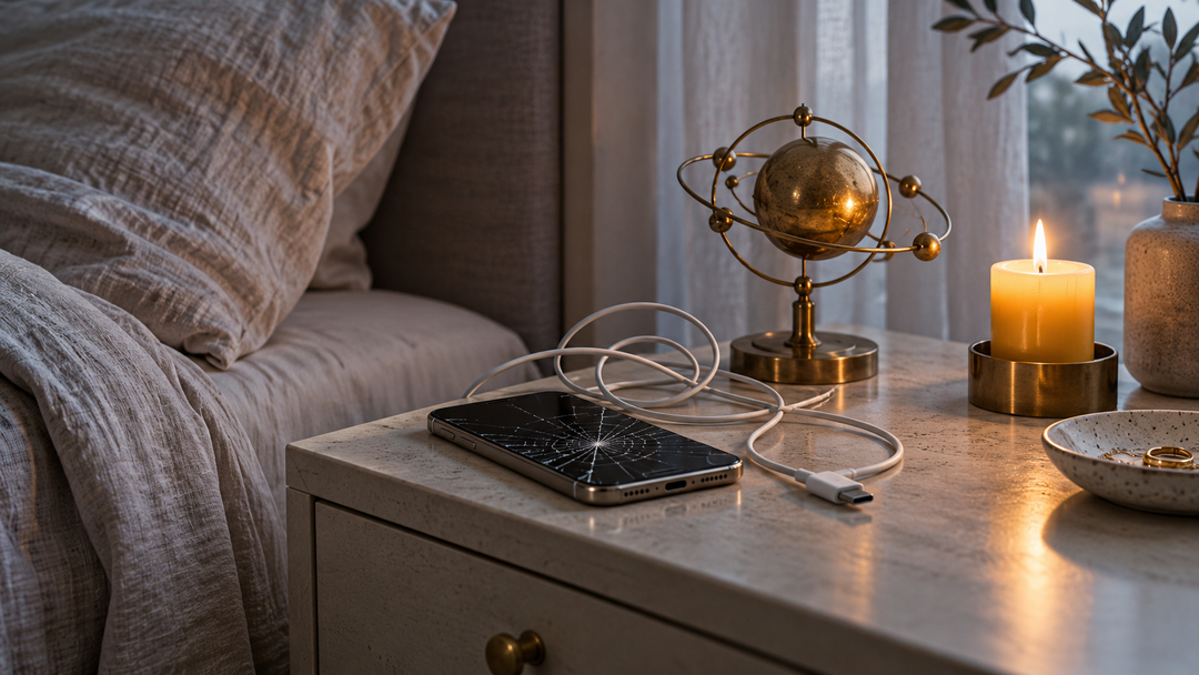 Cracked phone and tangled charger on a nightstand beside a brass planet model and a candle