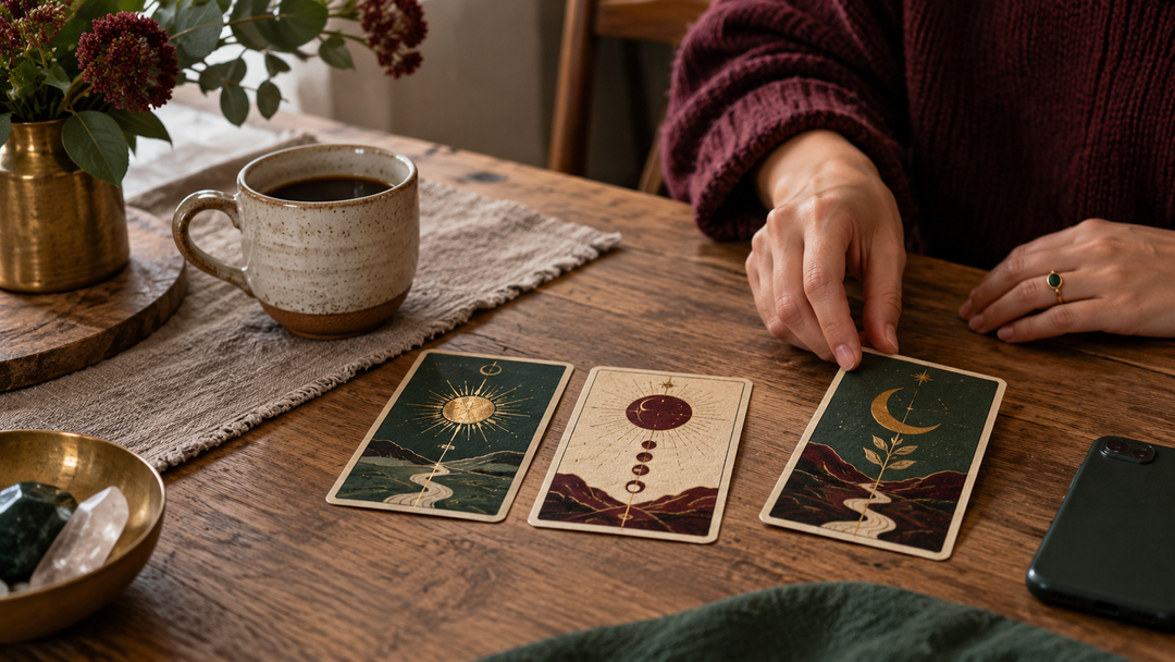 Three tarot cards laid out on a wooden table beside a coffee mug and crystals