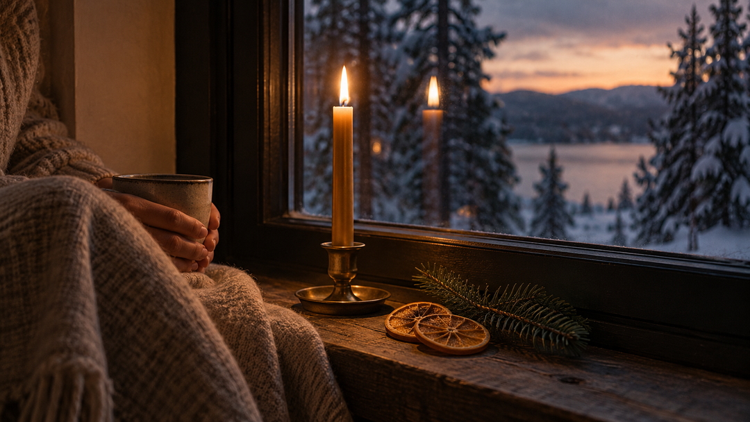 A single candle in a window at dusk overlooking snowy pines, with dried orange slices and an evergreen sprig