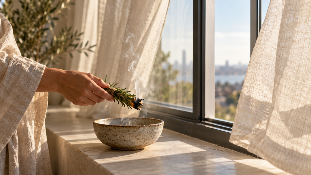 Hand holding a smoking rosemary bundle over a ceramic bowl by an open window