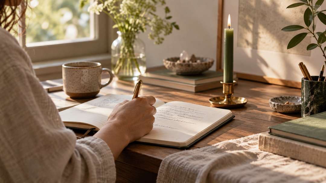 Hand writing intentions in a notebook beside a green candle and coffee in morning light