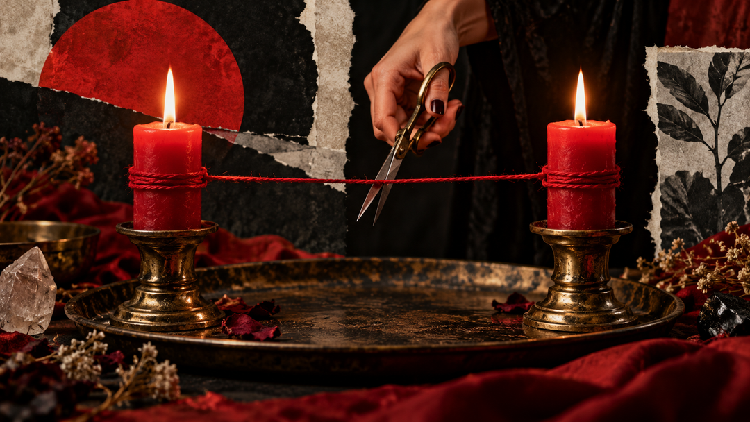 Hand cutting a red cord tied between two lit red candles on a brass tray