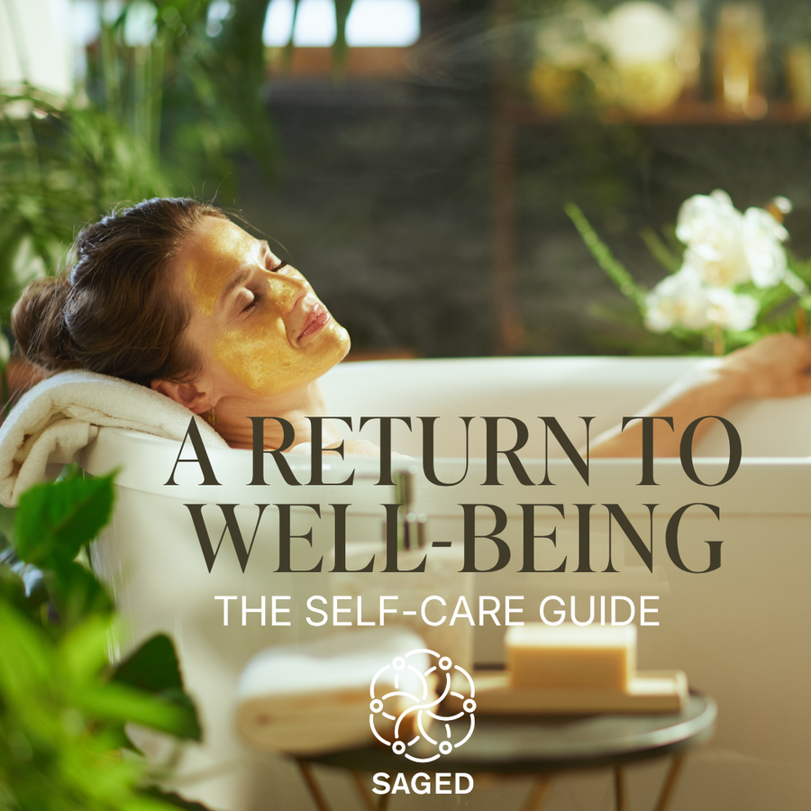 Cover image of Saged's Self-Care Guide ebook, featuring calming design and title text for mental wellness and self-care tips.