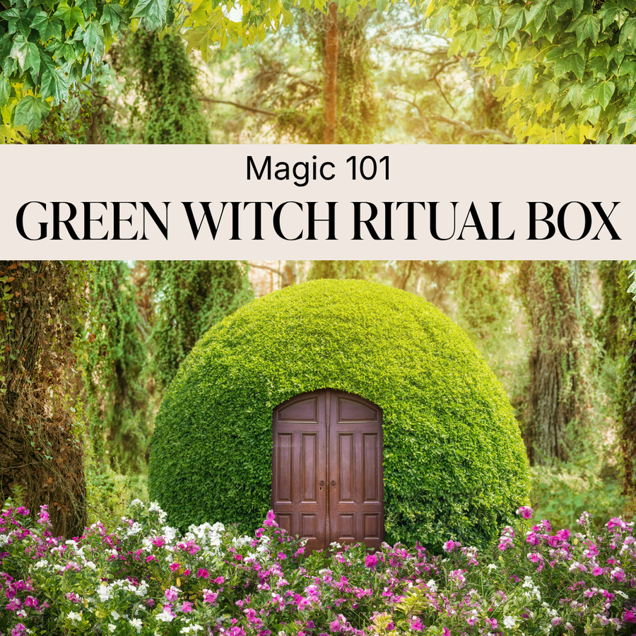 Green Witch ritual box from Saged featuring mystical herbs, candles, and tools for magical practices and ceremonies.