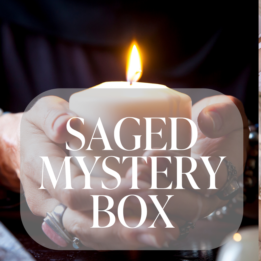 Saged Mystery Box with ritual tools, crystals, and spiritual items displayed inside a decorative box for meditation and spiritual practice.