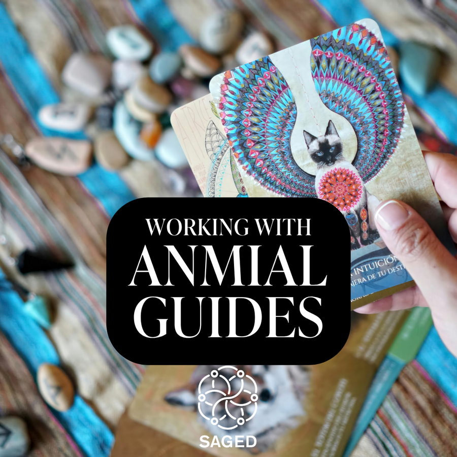Cover image of Saged's "Work With Animal Guides" ebook featuring mystical animal illustrations and a calming color scheme.