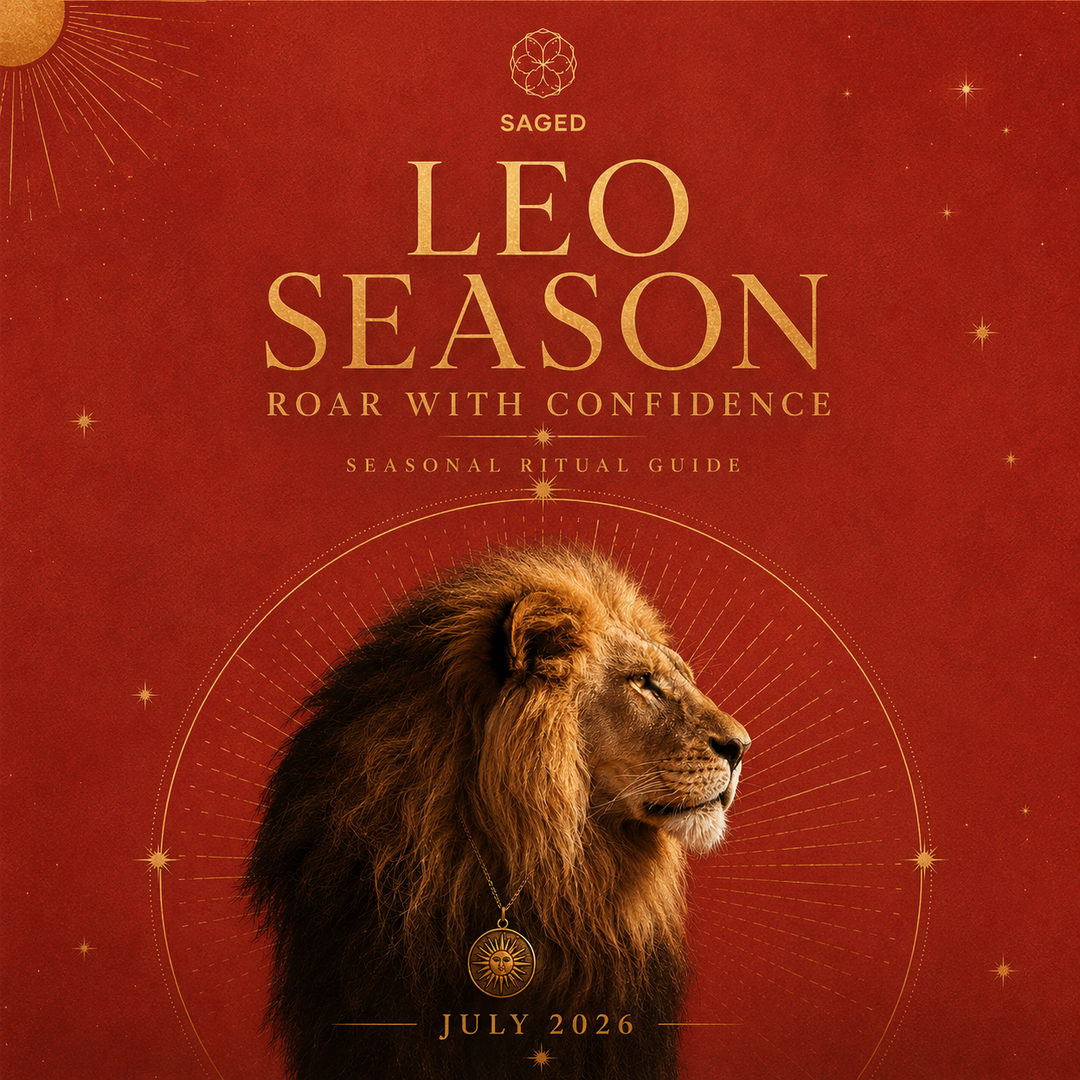 Saged Leo Ritual Box with candles, crystals, and herbs for spiritual practices and astrology rituals.