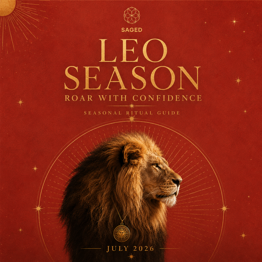 Saged Leo Ritual Box with candles, crystals, and herbs for spiritual practices and astrology rituals.