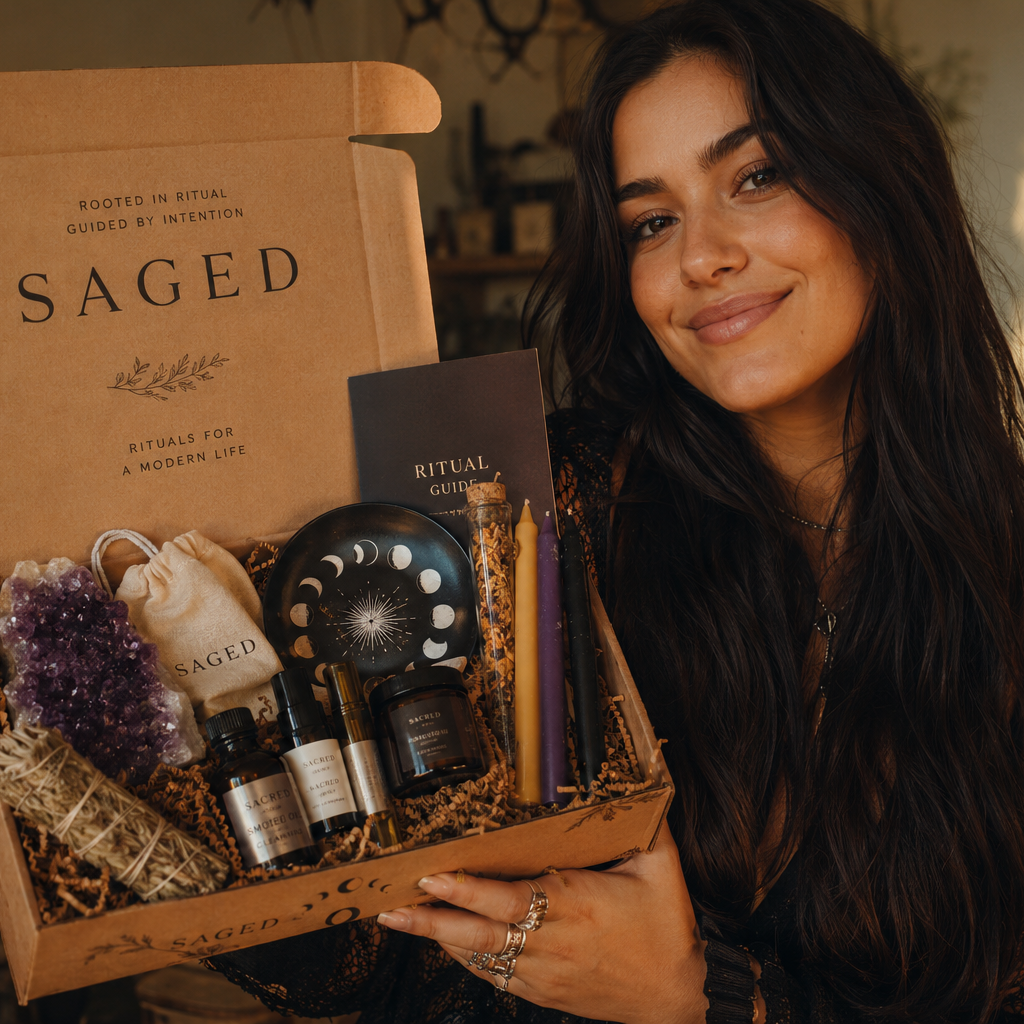 Saged Ritual Box Bundle subscription box featuring candles, crystals, and ritual tools for spiritual practices.