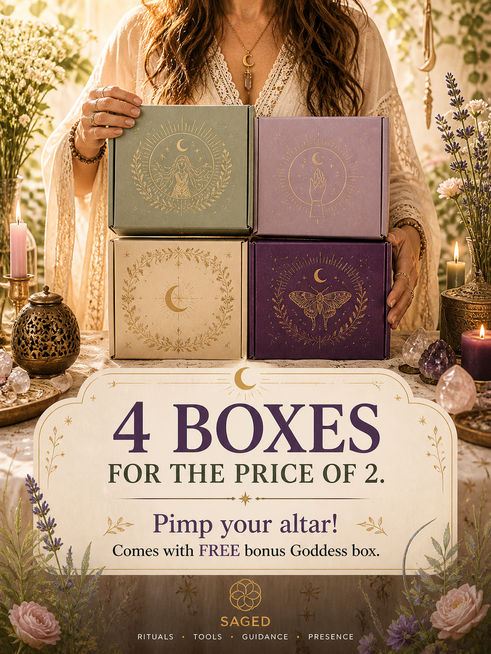 Saged Ritual Box Bundle subscription box with assorted ritual tools and spiritual items, arranged neatly on a wooden surface