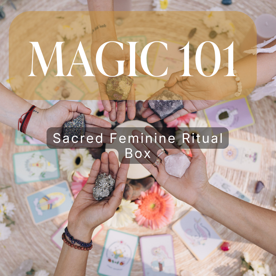 Sacred Feminine ritual box by Saged, featuring candles, crystals, and spiritual tools for sacred feminine practices.