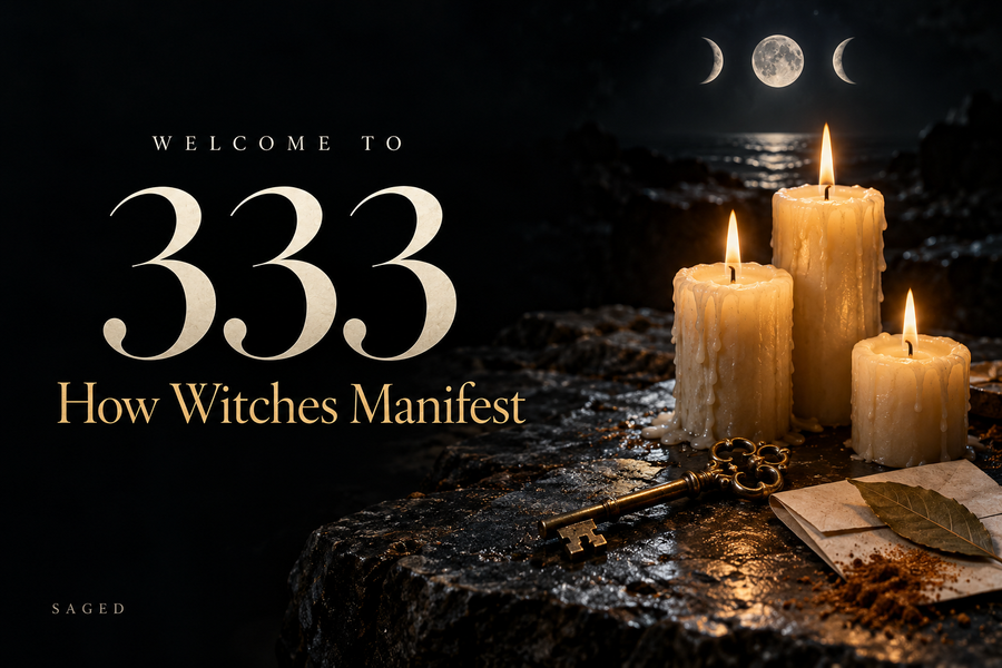 A dark promotional graphic with the text 'WELCOME TO 333 How Witches Manifest' over a moody night scene with three lit candles, a vintage key, an old book, and moon phases in the sky. The brand name 'SAGED' appears at the bottom left.