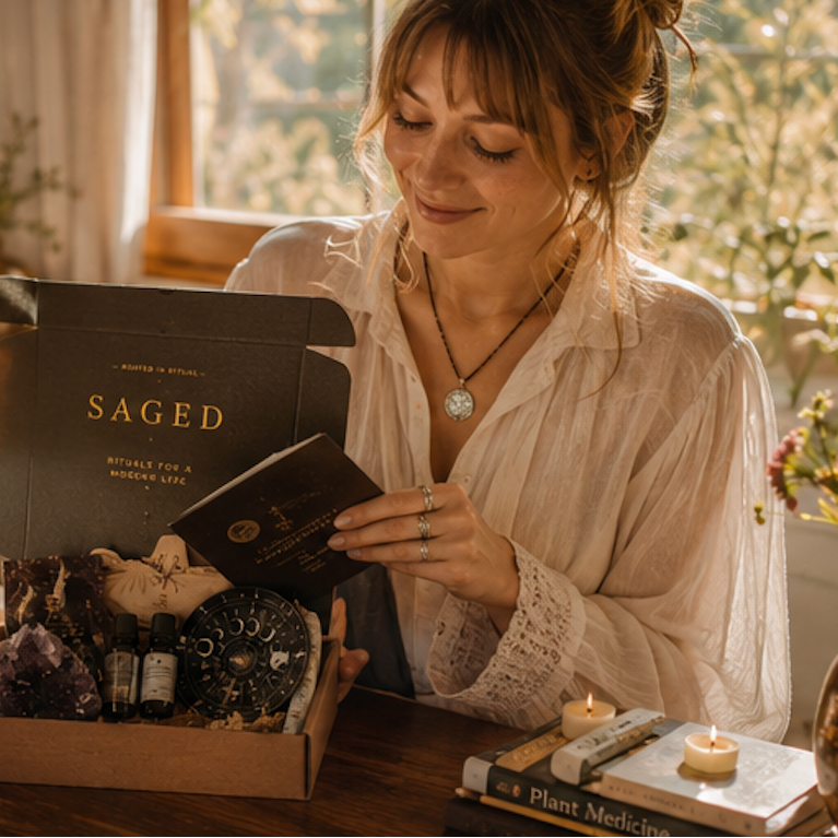 Saged Ritual Box Bundle subscription box with spiritual tools and candles, featuring natural packaging and contents for ritual practices.