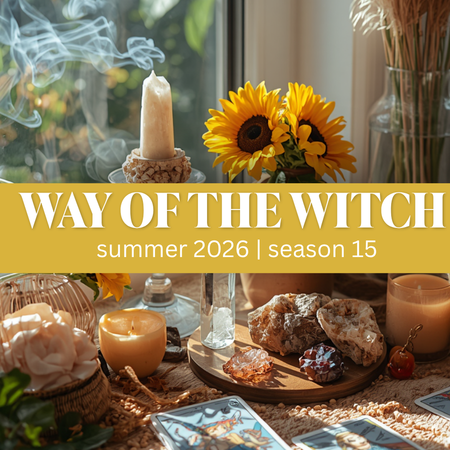 Saged Way of the Witch Virtual Coven logo with mystical design and dark purple background.