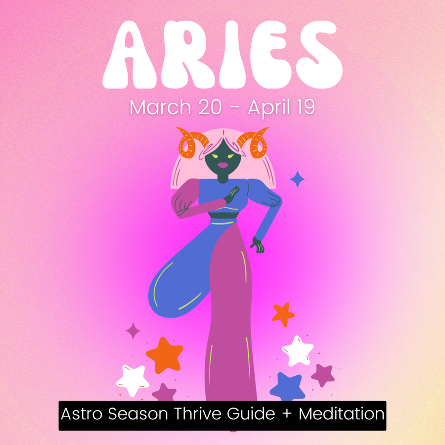Saged Aries Season Guide featuring astrological symbols and vibrant artwork representing the zodiac sign Aries.