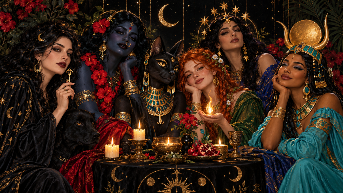 Six goddess besties gathered around a candlelit table