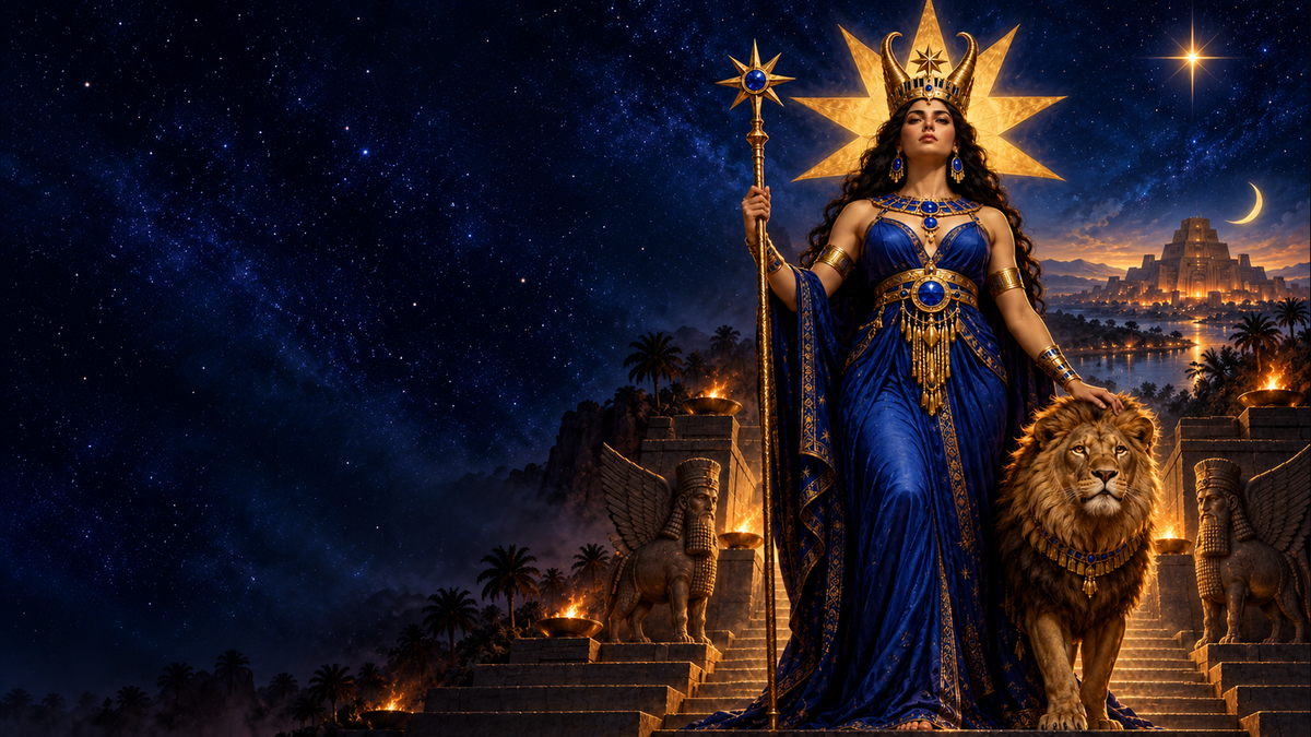 Inanna in lapis blue and gold beneath an eight-pointed star