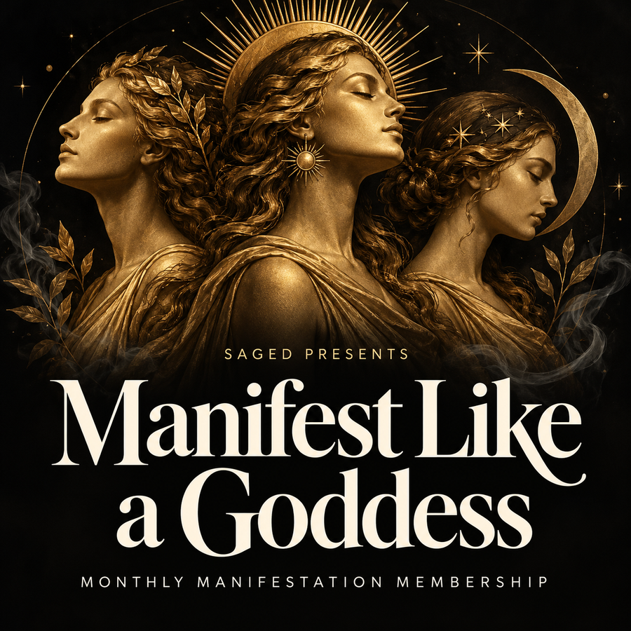 Manifest Like a Goddess, Saged monthly manifestation membership. Three gold goddess archetypes against black.