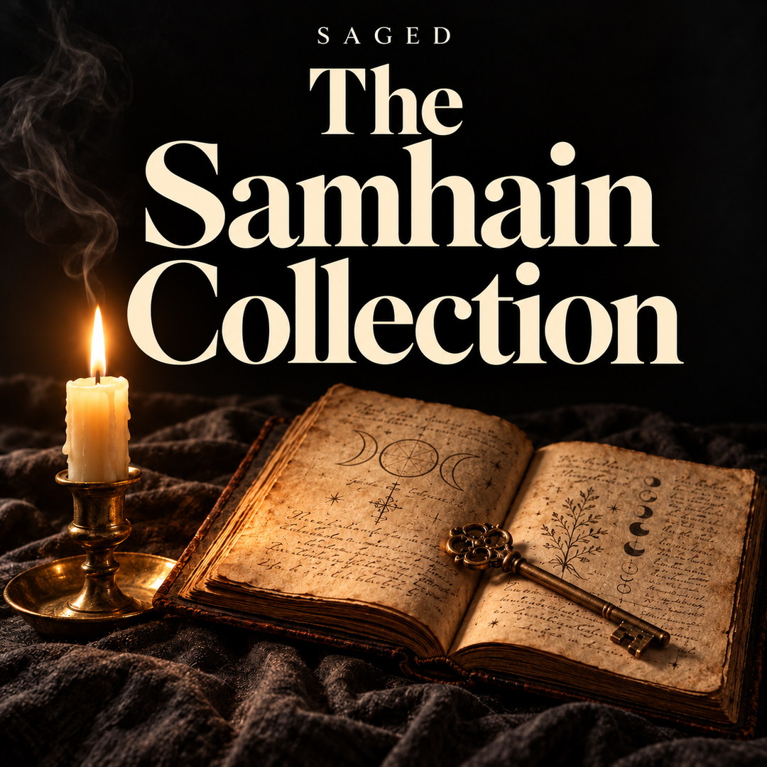 The Samhain Collection by Saged, with a large cream title above a candlelit grimoire and antique brass key.