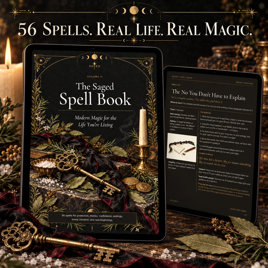 The Saged Spell Book Volume II digital grimoire cover and a spell page displayed on tablets